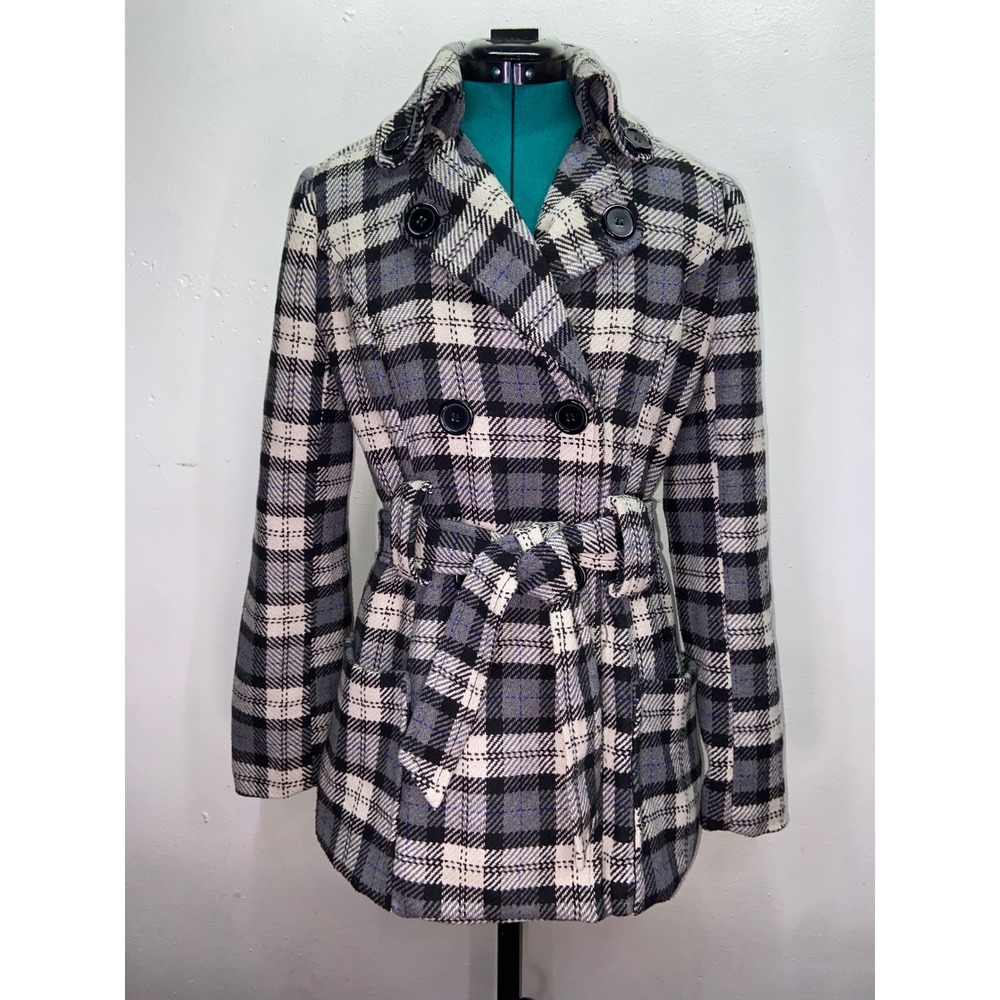 Joujou Plaid Pea Coat Double Breasted Wool Blend Belted Trench Jacket Y2K Preppy